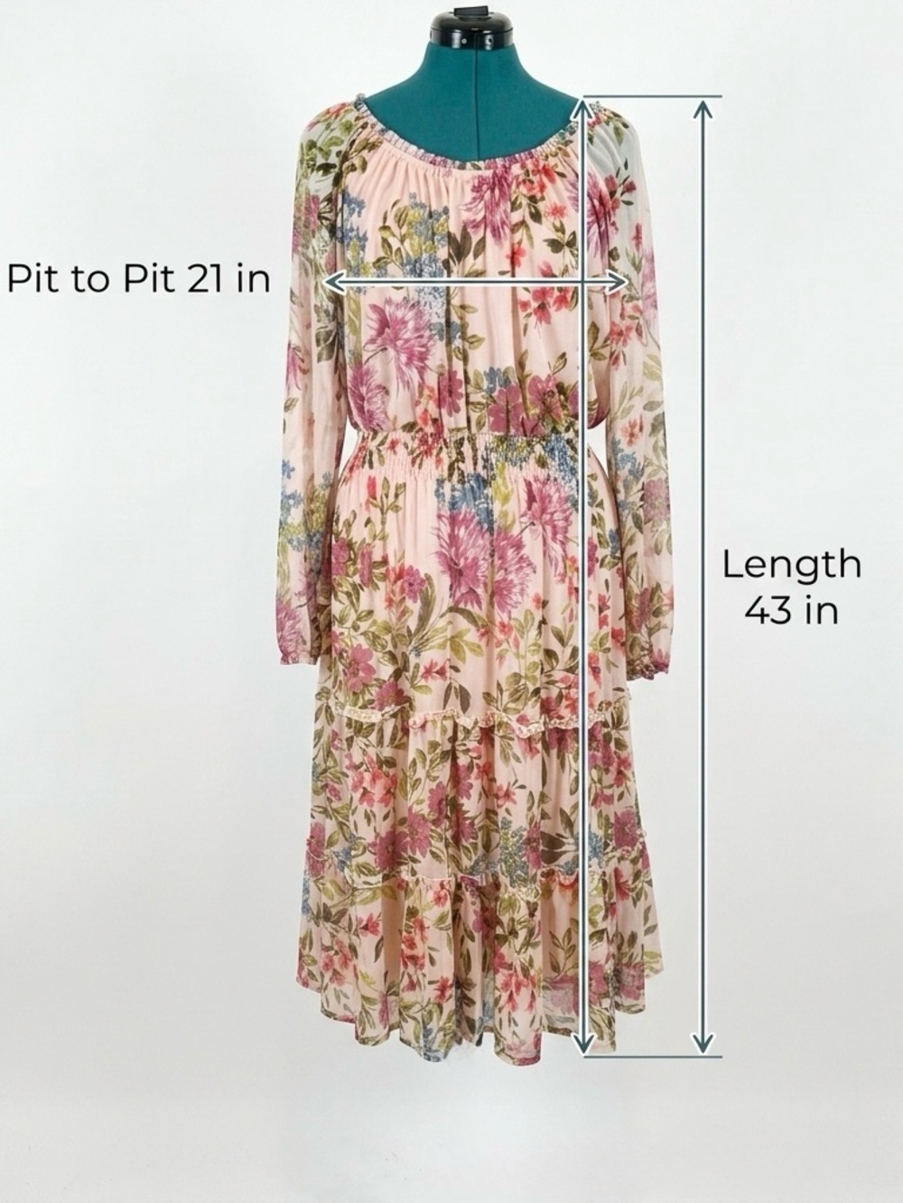 Floral Long Sleeve Tiered Midi Dress - Pink - Picture 6 of 6
